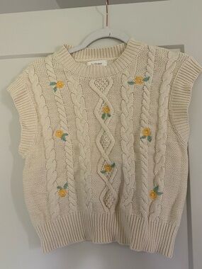 bohme Cream Cable Knit Floral-Embroidered Sleeveless Sweater Vest
